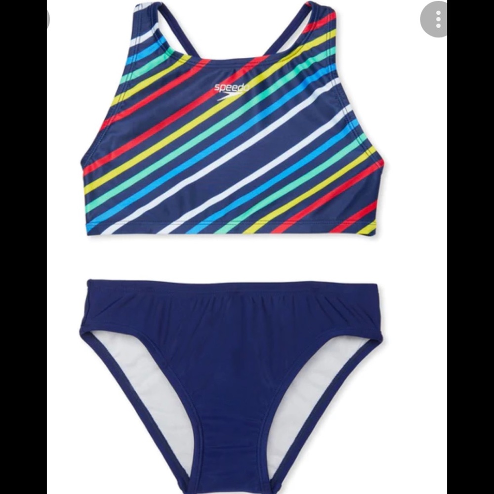 New wTags! Speedo Kids Printed Strappy Bikini Set Big Kids Blue Harmony Size 14